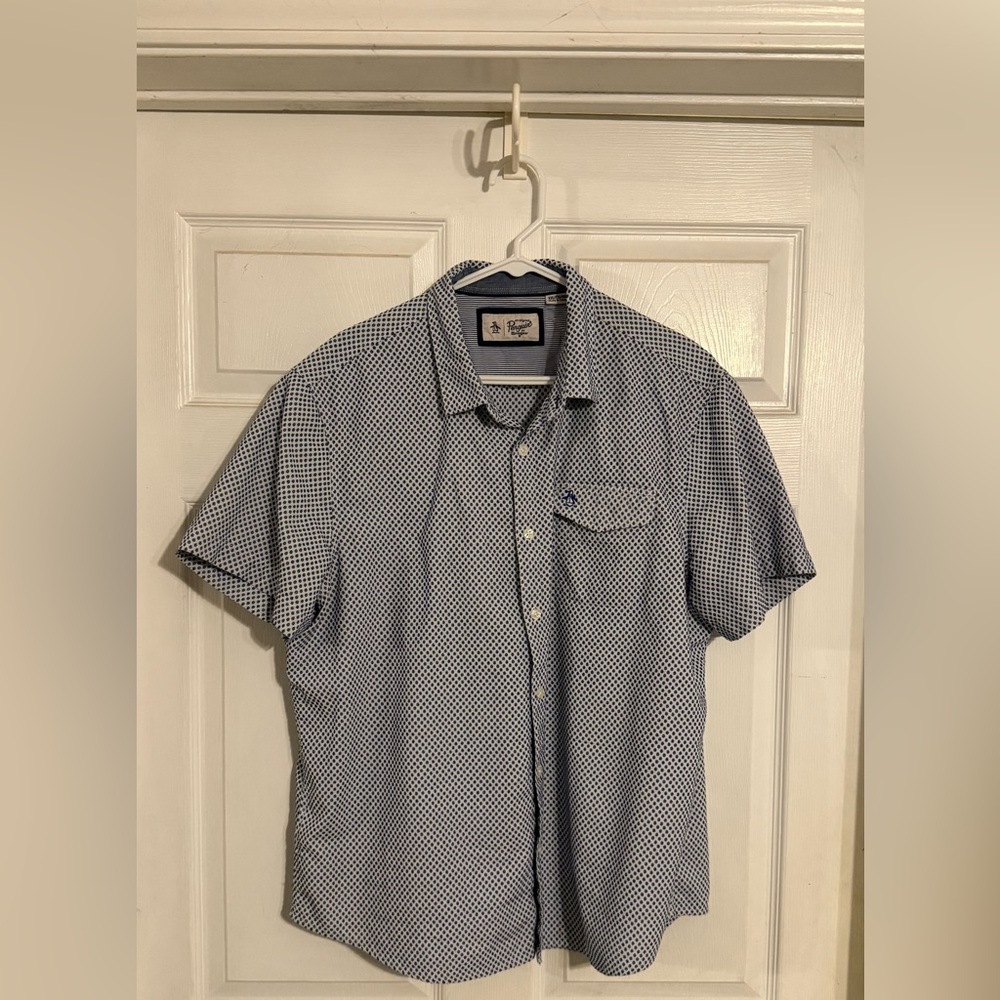 Penguin Button Down with Black and Blue Hashtags